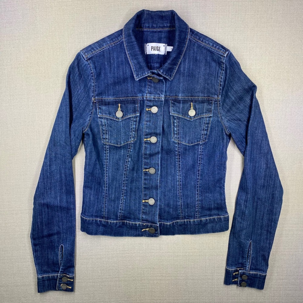 PAIGE Women Vermont Dark Wash Denim Trucker Jacket Blue 2165645-382 Size S